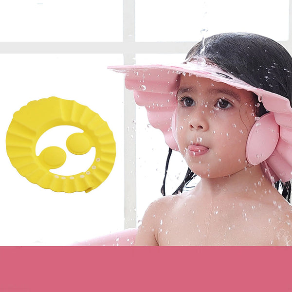 Adjustable soft baby shower cap for safe bathing.