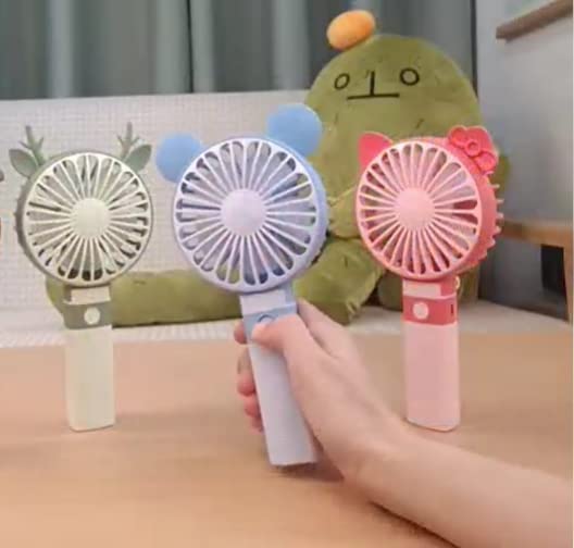 Happy Hues® Mini Portable USB Hand Fan| In-Built Battery-Rechargeable | Desk Fan- Foldable (Color- Blue, Design- Bear Ears)
