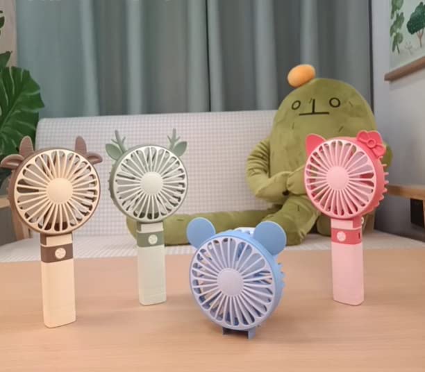 Happy Hues® Mini Portable USB Hand Fan| In-Built Battery-Rechargeable | Desk Fan- Foldable (Color- Blue, Design- Bear Ears)