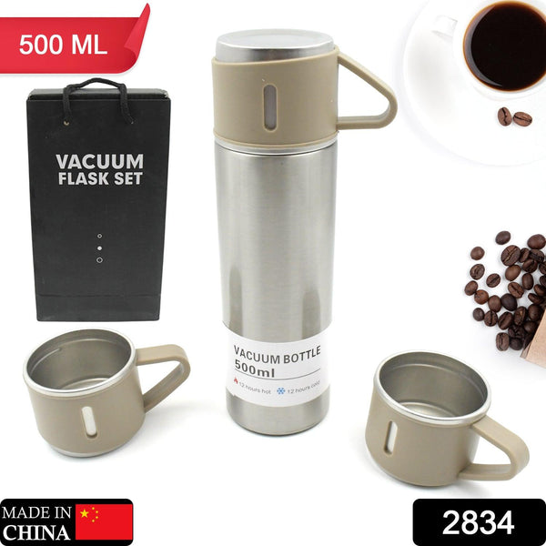 2834 Stainless Steel Vacuum Flask Set With 3 Steel Cups Combo For Coffee Hot Drink And Cold Water Flask Ideal Gifting Travel Friendly Latest Flask Bottle. (500ml)