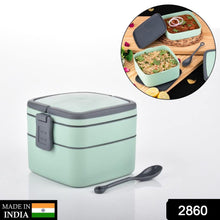 2860 Green Double-layer Portable Lunch Box Stackable With Carrying Handle And Spoon Lunch Box